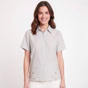 Vintage Marie Clare Gray Floral Embroidered Button Front Blouse Womens Sz 12 NWT
